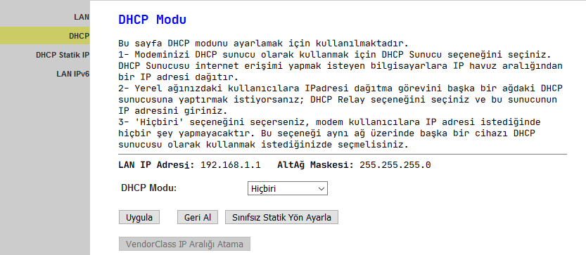 Modem arayünde DHCP ayarı