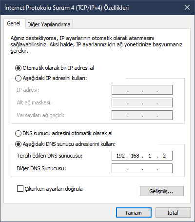 Pi-hole adresin DNS adresi olarak ayarlama