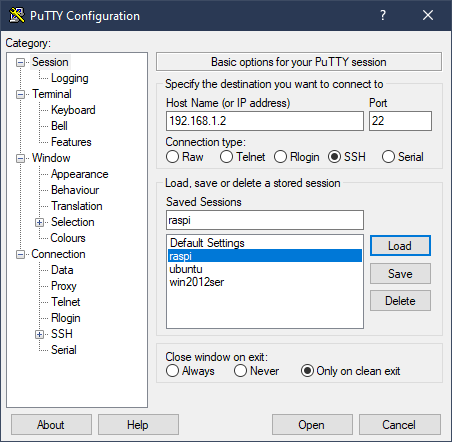 PuTTY ile Raspberry Pi cihazına bağlanama ekranı